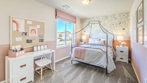 Reno Homes for Rent-Aspen Vista at Anchor Pointe Apartments Carpeted Bedroom With Window With Drop Curtain And Desk Set-Up