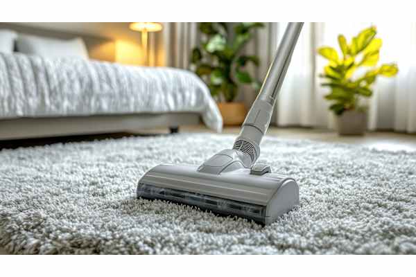 A vacuum cleaner is on a carpet in a room with a bed and plants.