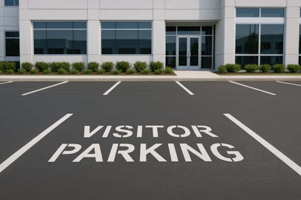 A parking lot with the words "VISITOR PARKING" painted on the pavement.
