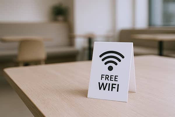 A sign on a table that says "FREE WIFI" with a WiFi symbol.