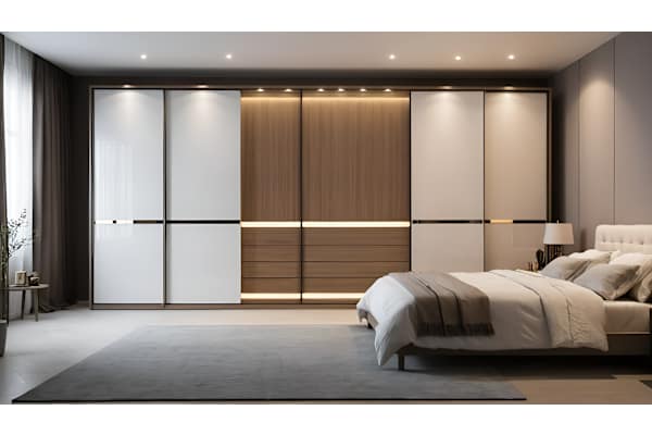 A modern bedroom with a large bed and a large window with curtains.