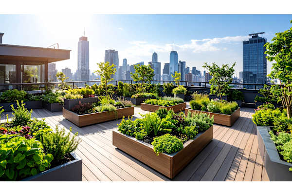 A rooftop garden with wooden planters and a city skyline in the background.