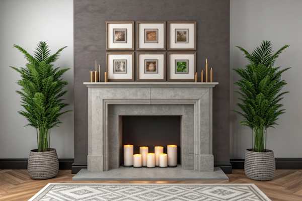 A fireplace with candles and pictures on the mantle.