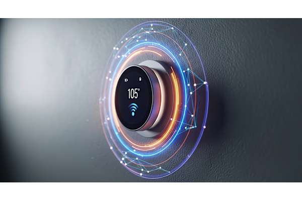 A modern thermostat displays a temperature of 105 degrees Fahrenheit.
