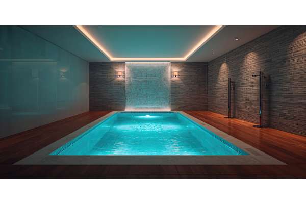 A small indoor swimming pool with a waterfall feature.