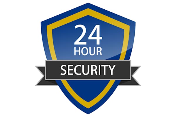 A blue and yellow emblem signifying 24 hour security.
