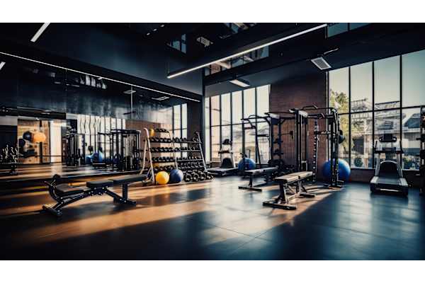 A gym with various exercise equipment and a large window.