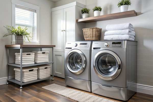 A laundry room with a washer and dryer stacked on top of each other.