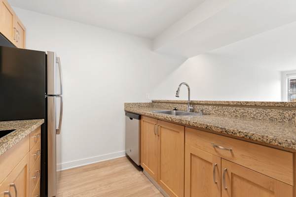 Kitchen with wooden cabinets and sink7 at AVIA on Pike Street, Washington, 98101