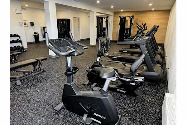 A gym with a variety of cardio equipment including treadmills and stationary bikes.