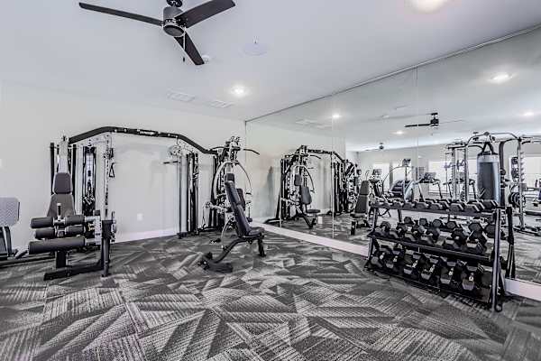 A well-equipped gym with a variety of machines and weightlifting equipment.
