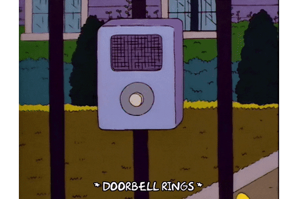A cartoon of a doorbell with the caption "DOORBELL RINGS" below it.