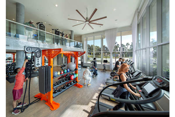 a group of people exercising in a gym