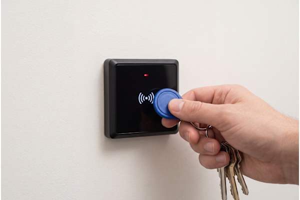 A hand holding a bunch of keys is pressing a button on a keypad.