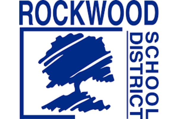 A blue and white logo for Rockwood School District.