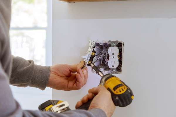 A person is installing an electrical outlet using a drill.