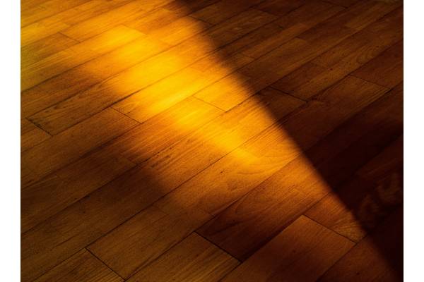 A shadow of a person is cast on a wooden floor.