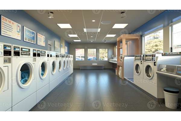 A row of washing machines in a public laundromat.
