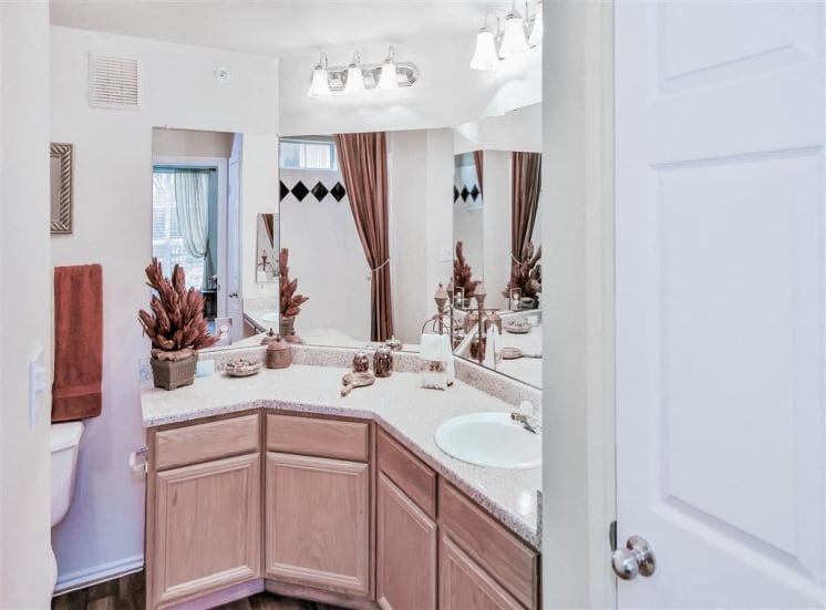 Double vanity with plenty of bathroom counter space and storage. Apartments for rent in North Dallas, TX.