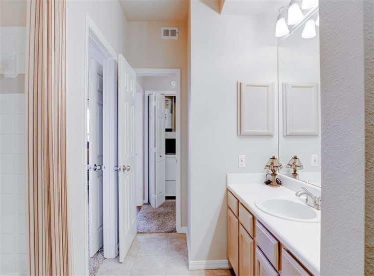 Spacious walk through bathroom at Saddle Brook Apartments in North Dallas, TX, For Rent. Now Leasing 1, 2 and 3  bedroom apartments.