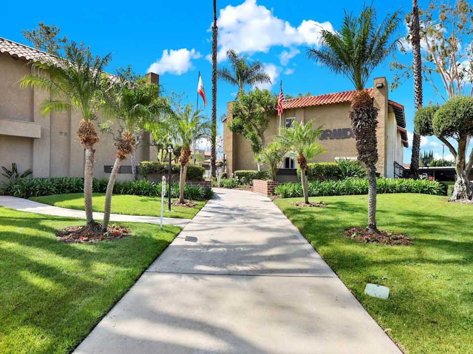 A pathway leads to a building with palm trees on either side.