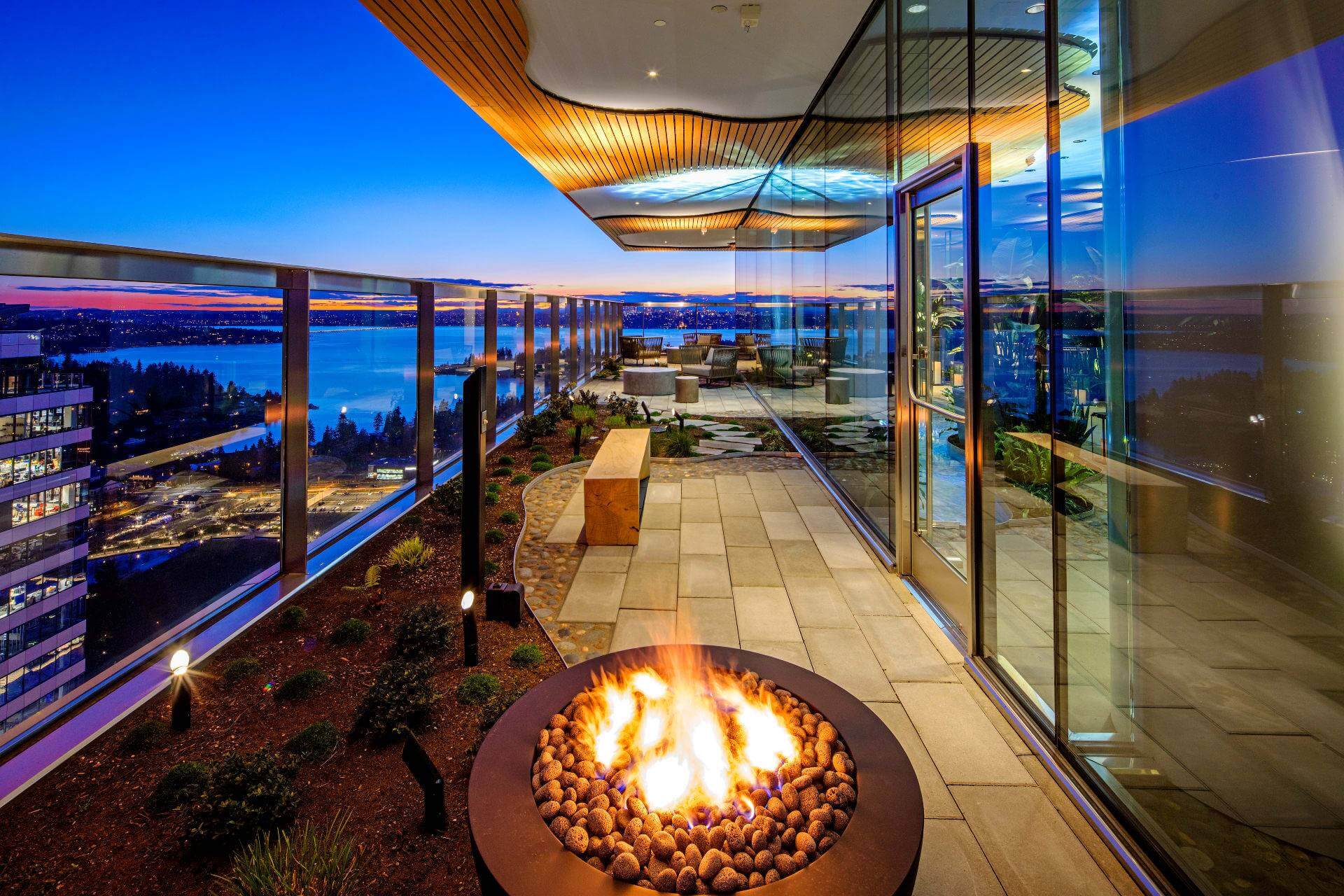 Services and Amenities- firepits on balcony at Two Lincoln Tower, Bellevue, WA