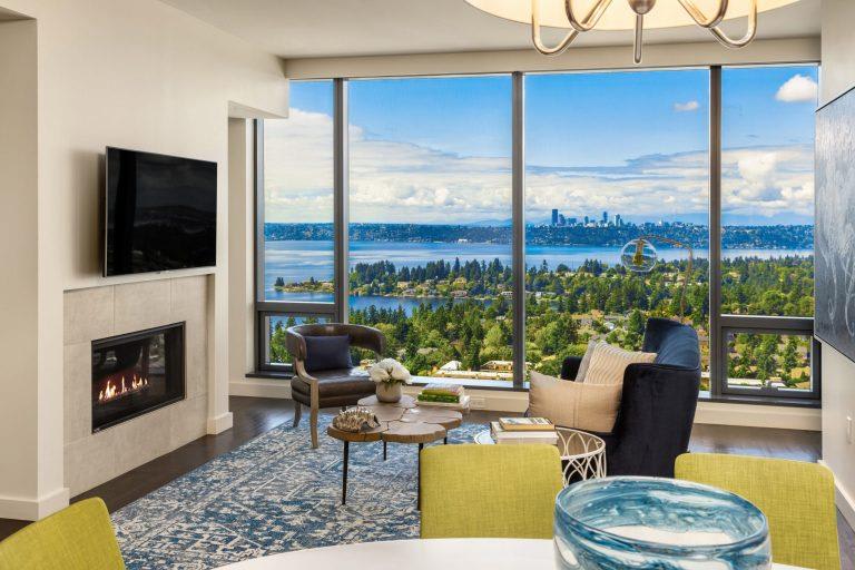 Living Room Remodel With Fireplace at Two Lincoln Tower, Bellevue, WA, 98004