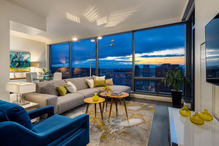Classic Living Room Design With Television at Two Lincoln Tower, Washington, 98004