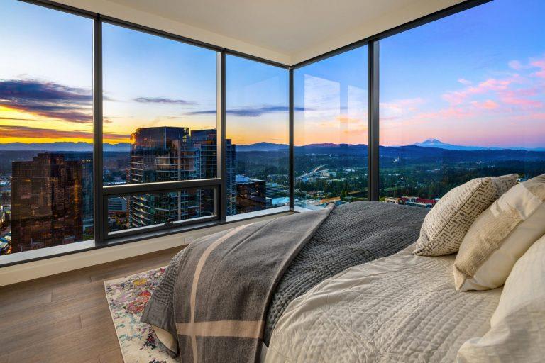 Bedroom With Expansive Windows at Two Lincoln Tower, Washington
