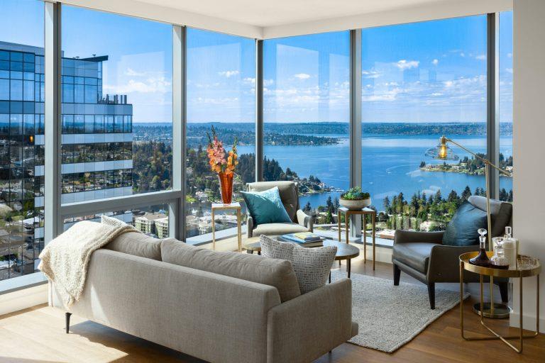 Living Room With Oversized Windows And Doors at Two Lincoln Tower, Bellevue