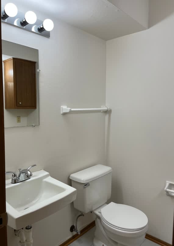 A white toilet and sink in a small bathroom.