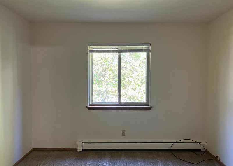 A room with a window and a radiator on the floor.