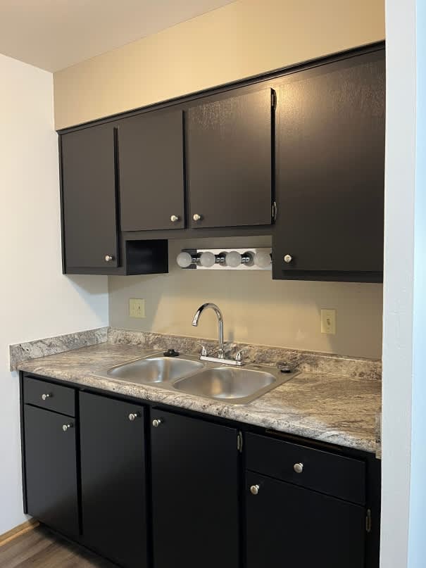 A kitchen with black cabinets and a granite countertop.