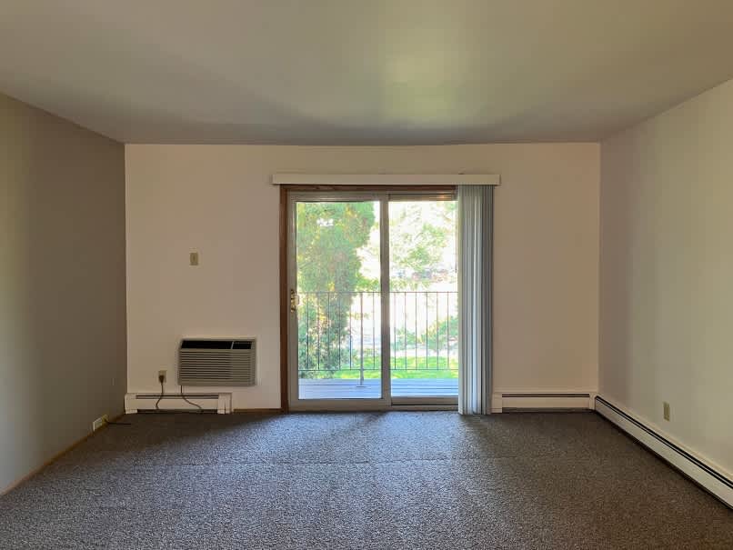 A room with a carpeted floor, a window with blinds, and a sliding glass door leading to a patio.
