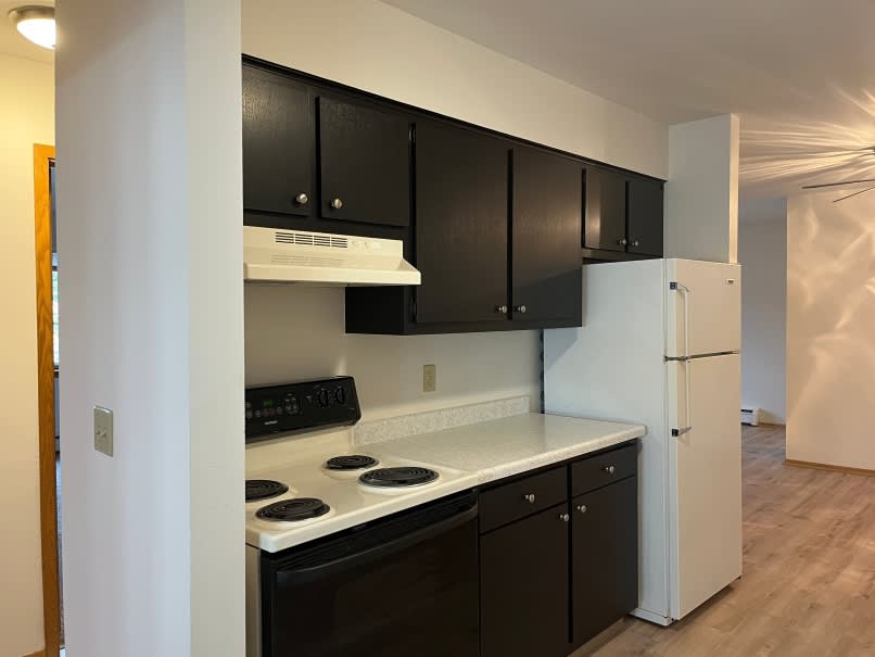 A kitchen with black cabinets and white appliances.