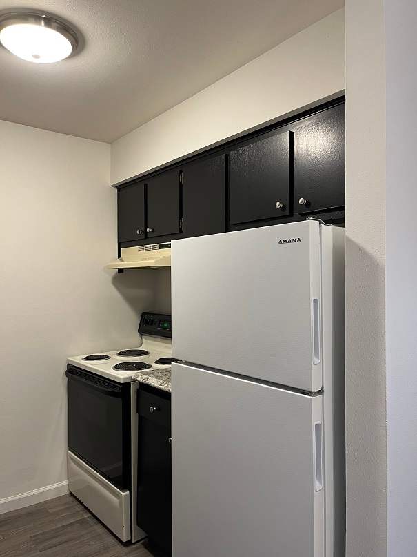 A white refrigerator and black oven in a kitchen.