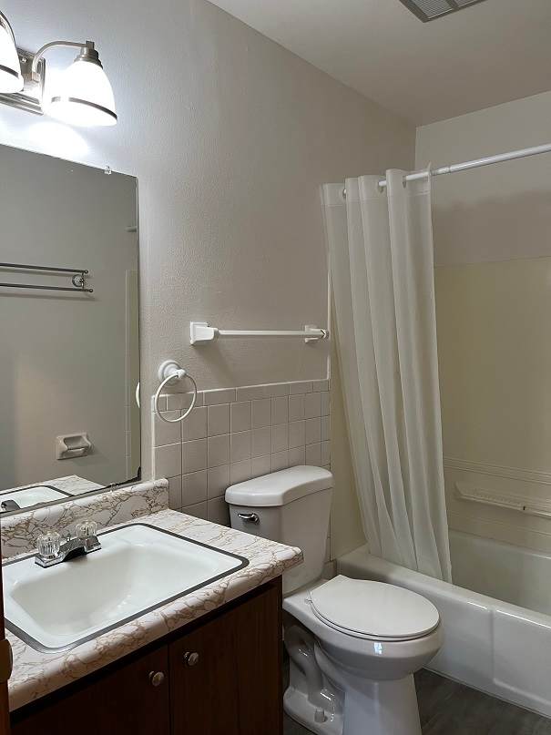 A white toilet sits next to a sink in a bathroom.