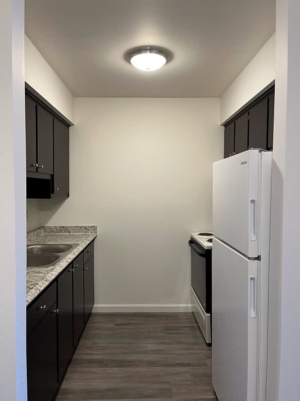 A kitchen with a white fridge and black cabinets.