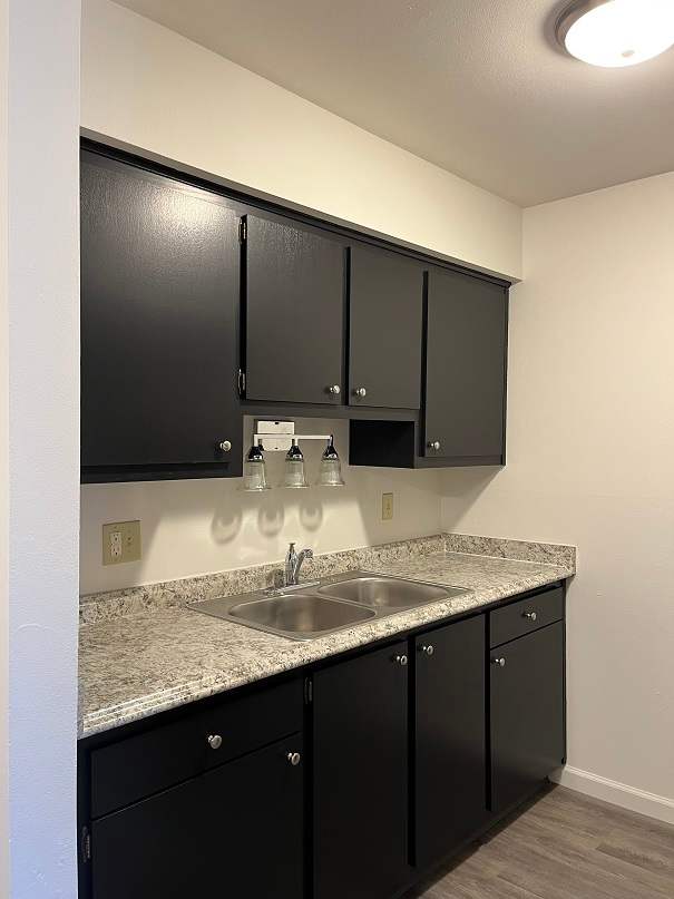 A kitchen with black cabinets and a granite countertop.