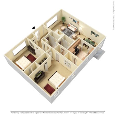 The Birches Apartment Homes 2 bedroom floor plan layout - Memphis, TN