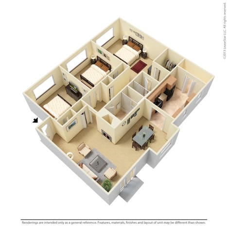 The Birches Apartment Homes 3 bedroom 2 bath floor plan image - Memphis, TN