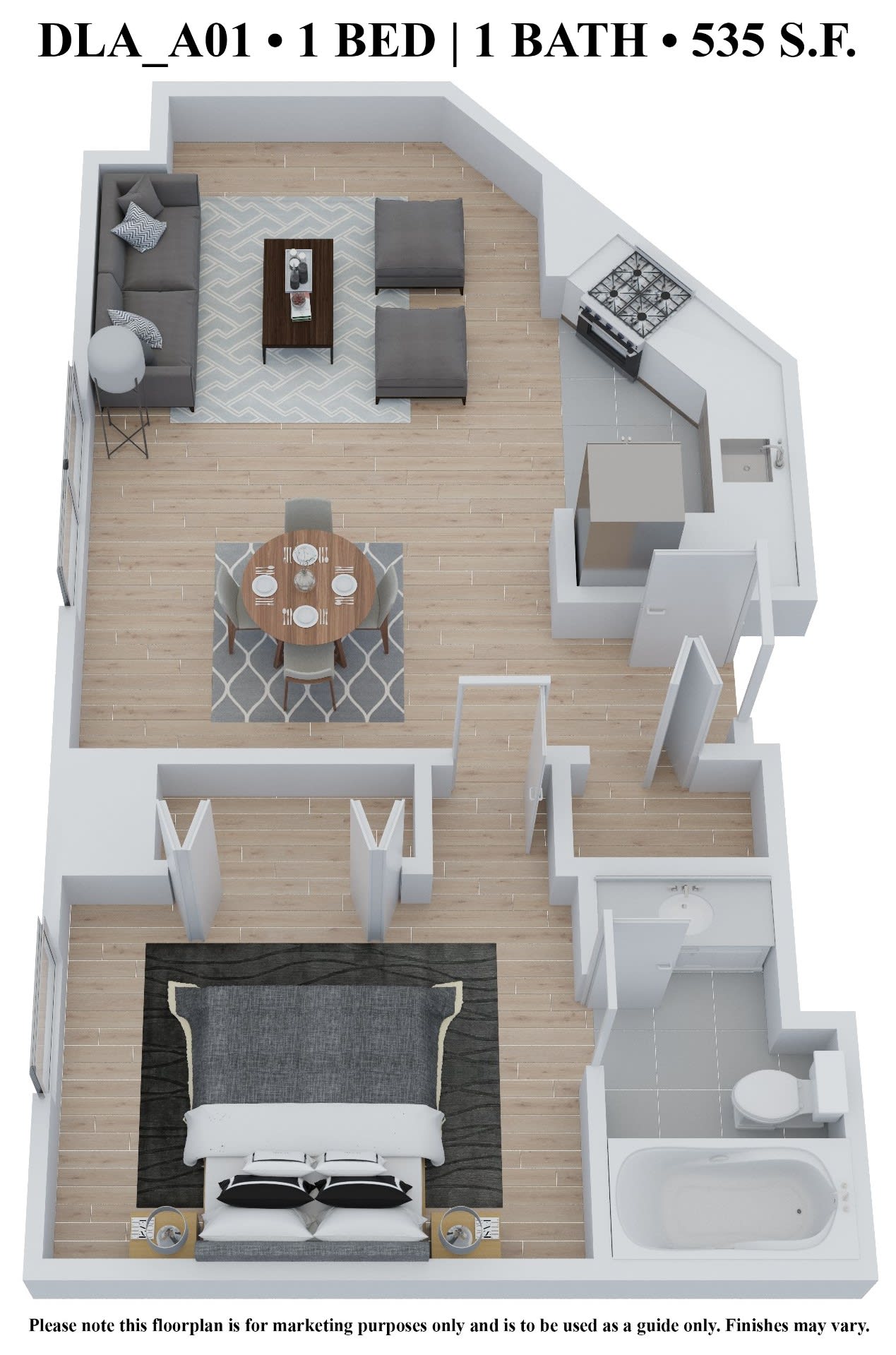 Delmar Loop Apartments one-bedroom 535 sqft floor plan - St. Louis, MO
