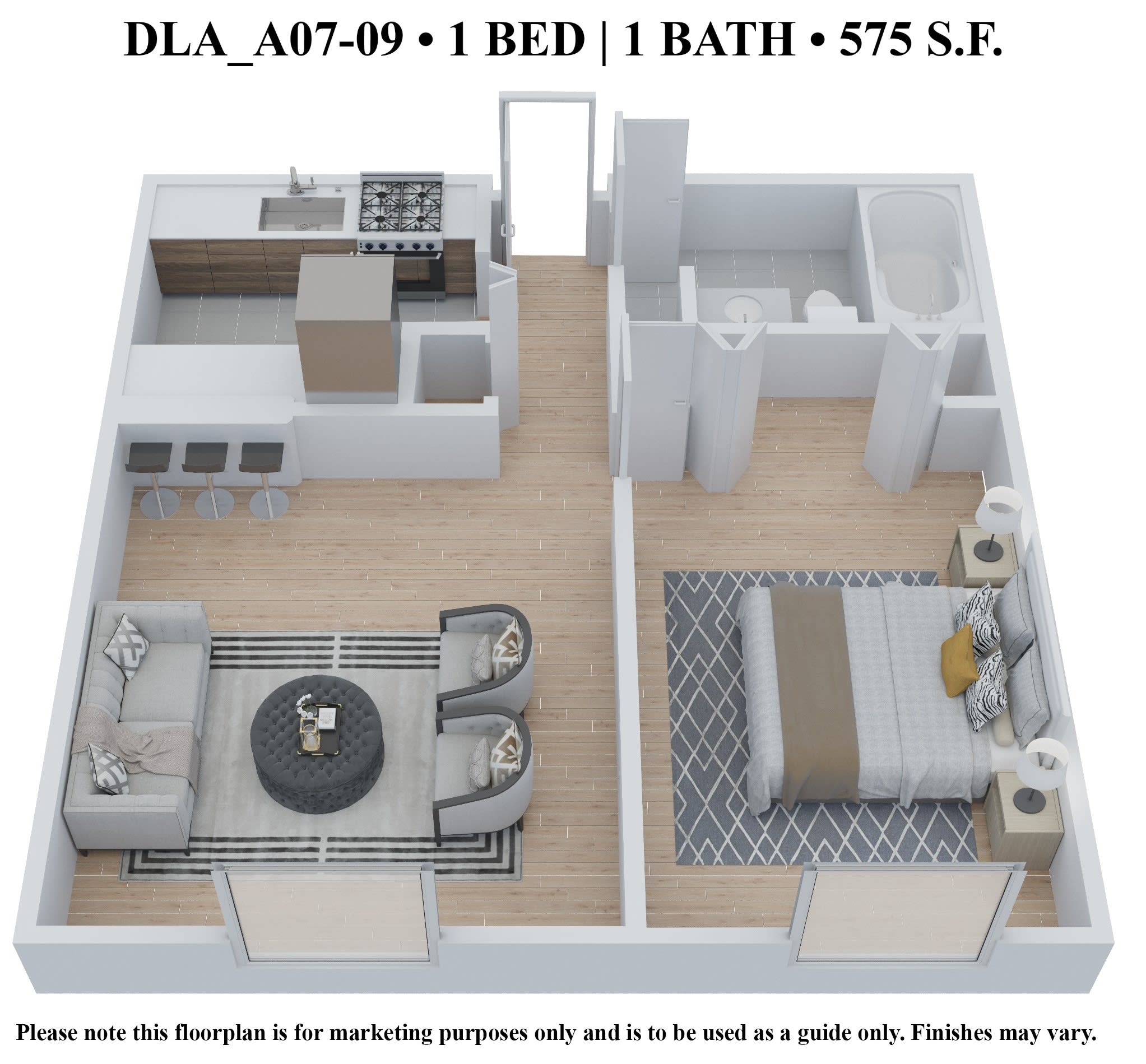 Delmar Loop Apartments one-bedroom 575 sqft floor plan - St. Louis, MO
