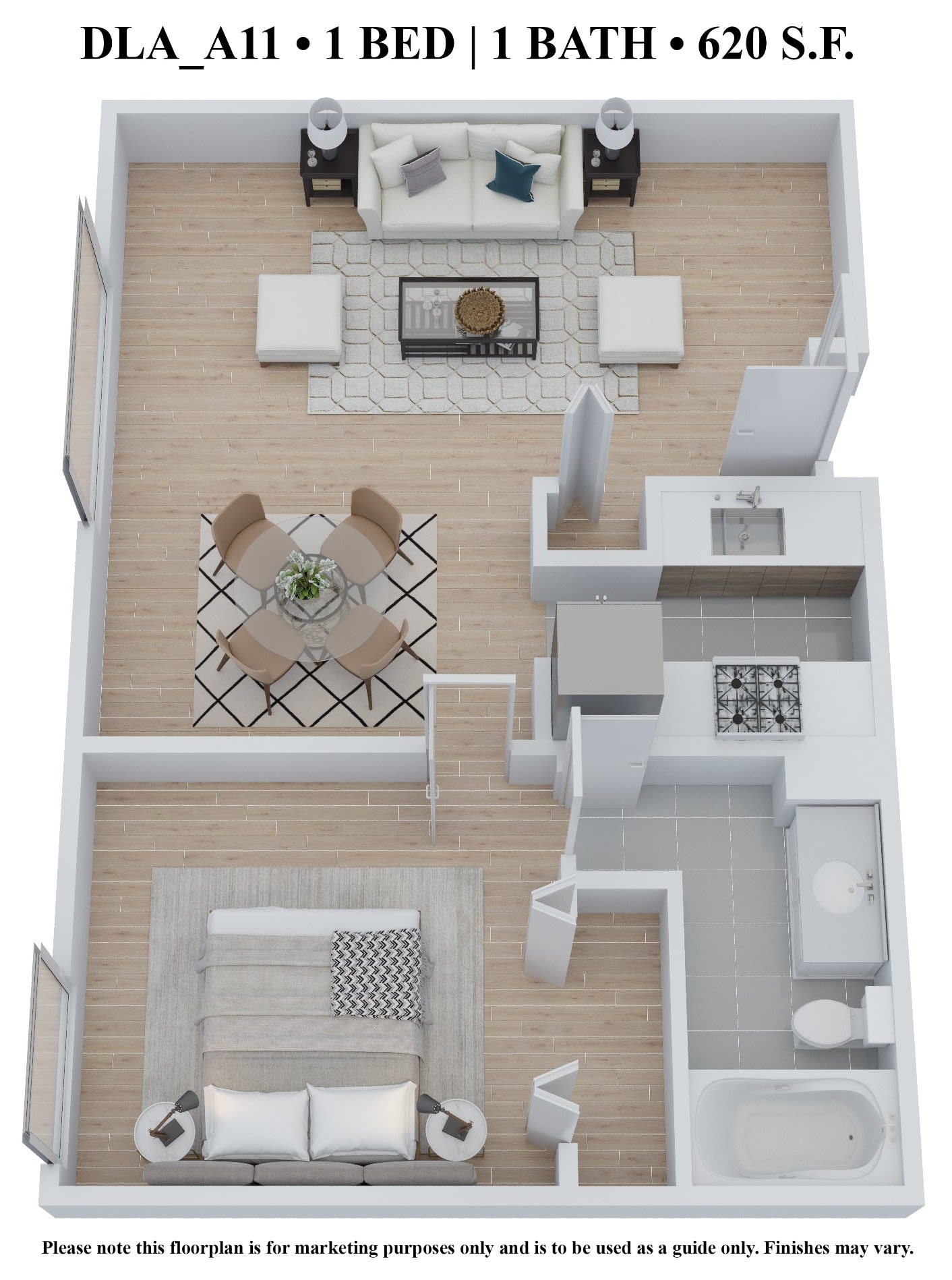 Delmar Loop Apartments one-bedroom 620 sqft floor plan - St. Louis, MO