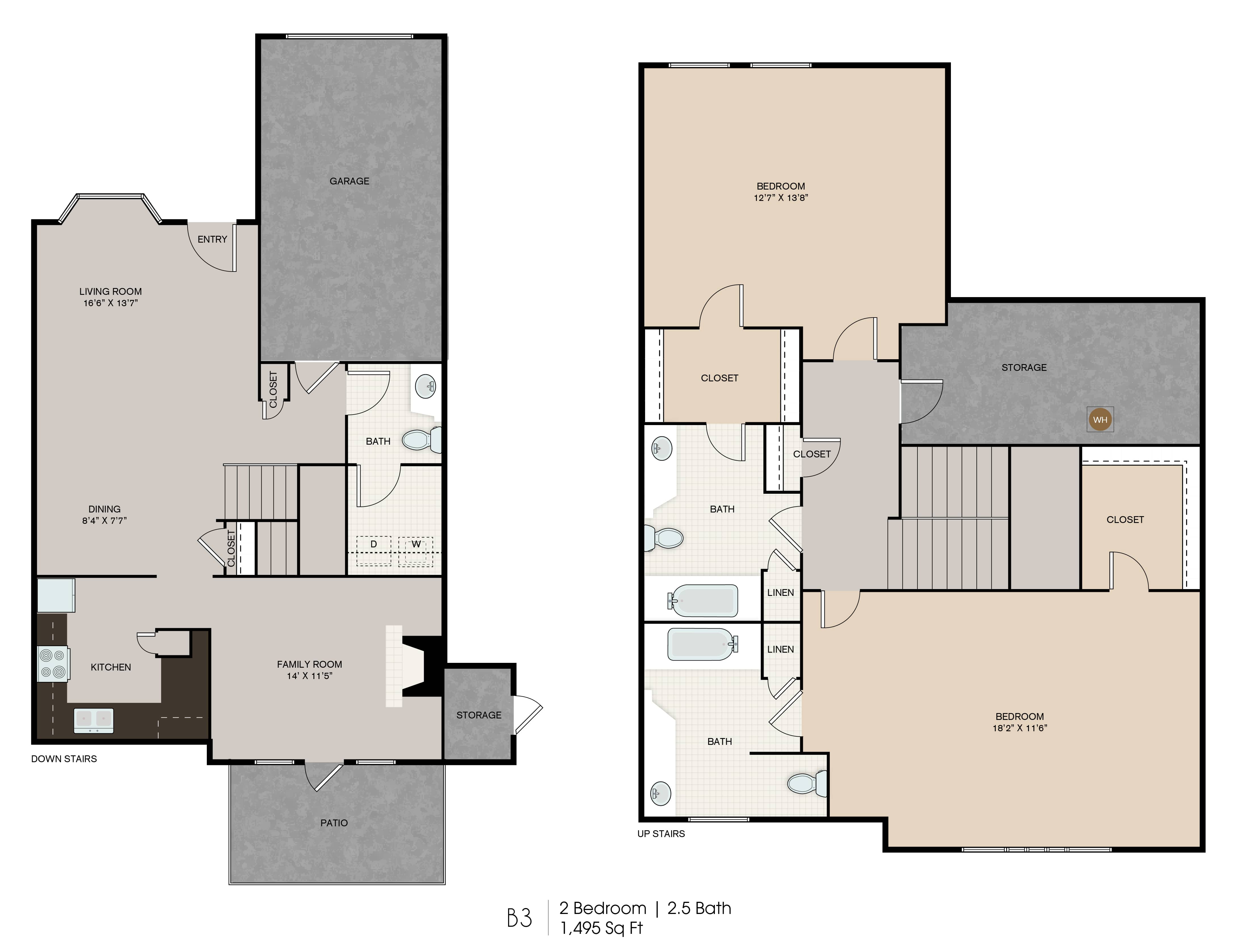 The Grove Germantown Apartments B3 2 bedroom townhome floor plan - Germantown, TN