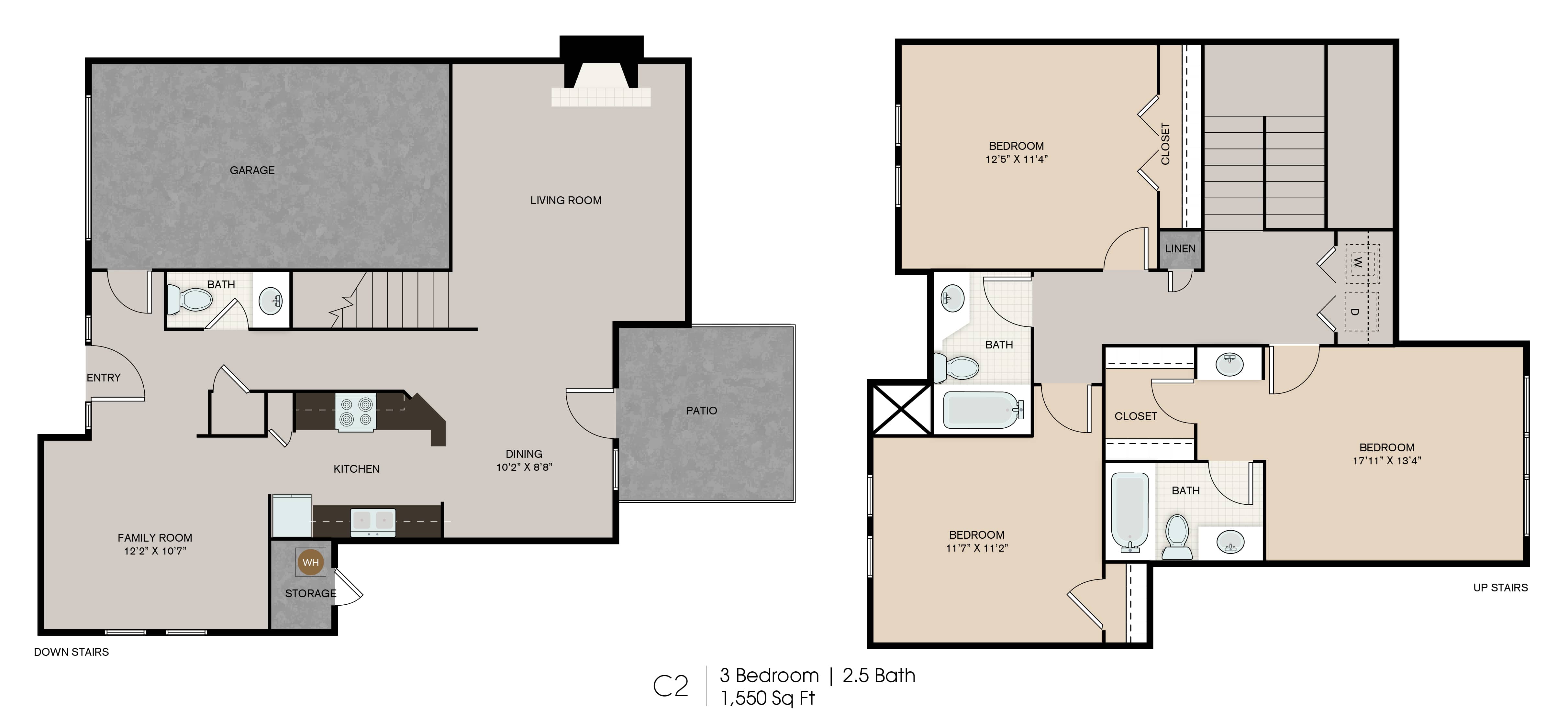 The Grove Germantown Apartments C2 3 bedroom townhome floor plan - Germantown, TN