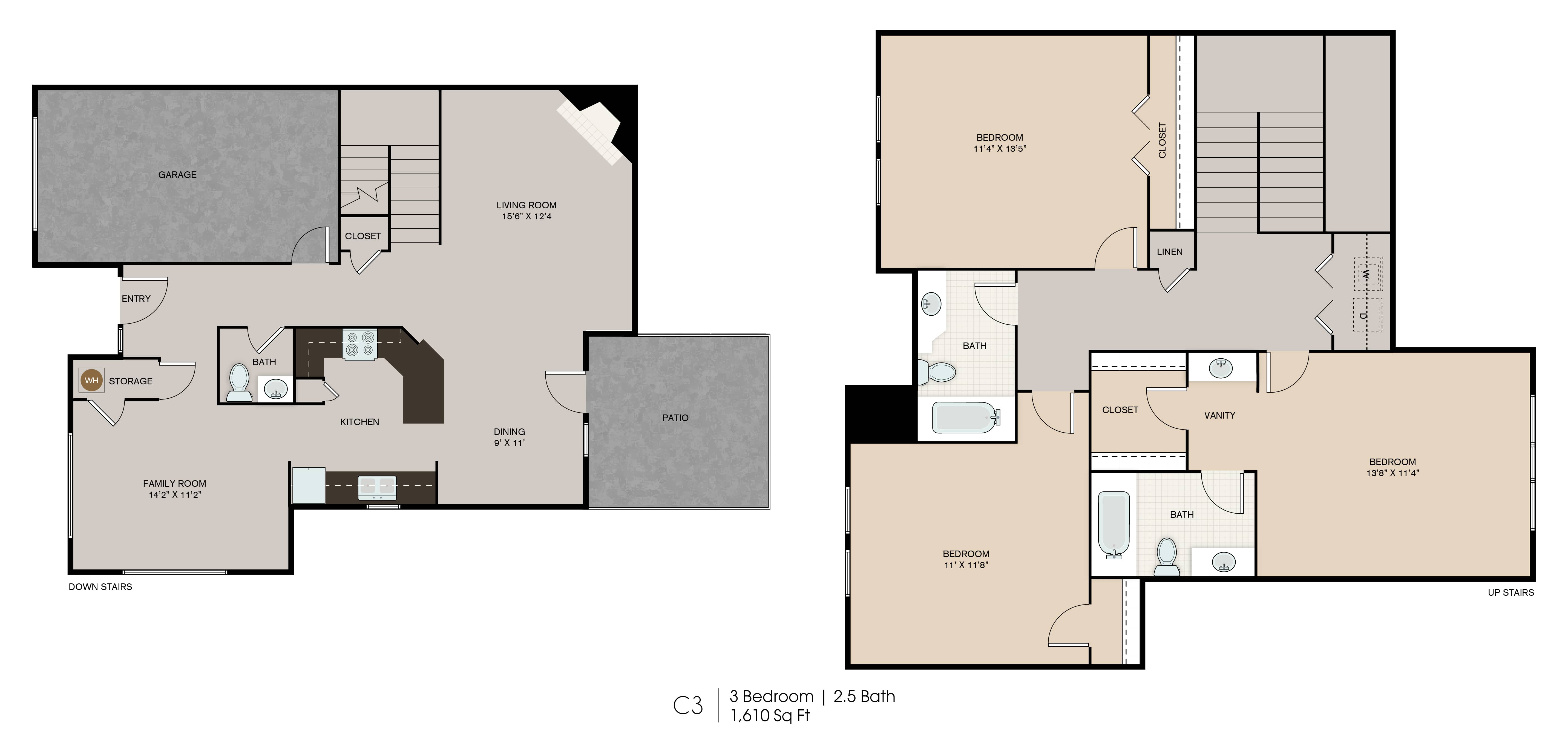 The Grove Germantown Apartments C3 3 bedroom townhome floor plan - Germantown, TN
