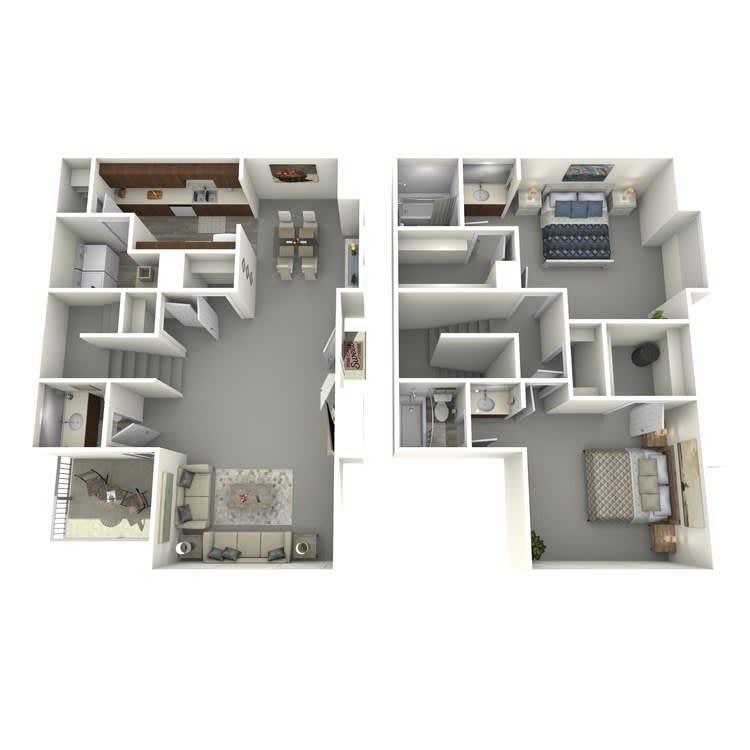 The Local Apartments Ridgeway 2 bedroom 2.5 bath townhome floor plan - Memphis, TN