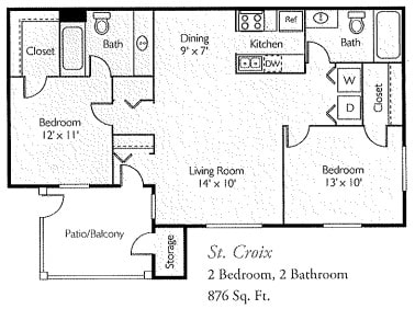 Island Club Apartments St. Croix 2-bedroom 2-bath floor plan - Columbus, OH