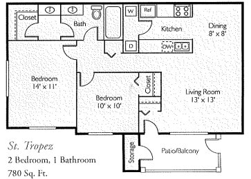 Island Club Apartments St. Tropez 2 bed 1 bath floor plan - Columbus, OH